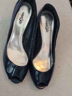 East 5th Navy Patent Peep-Toe Flats